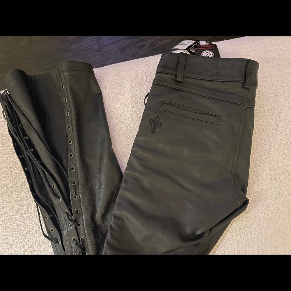 100% black leather lace-up pants
